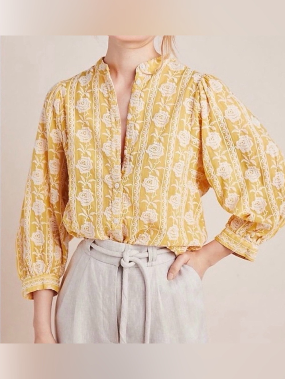 Pilcro-Anthropologie Yellow Embroidered Button-Up Blouse - Picture 3 of 5